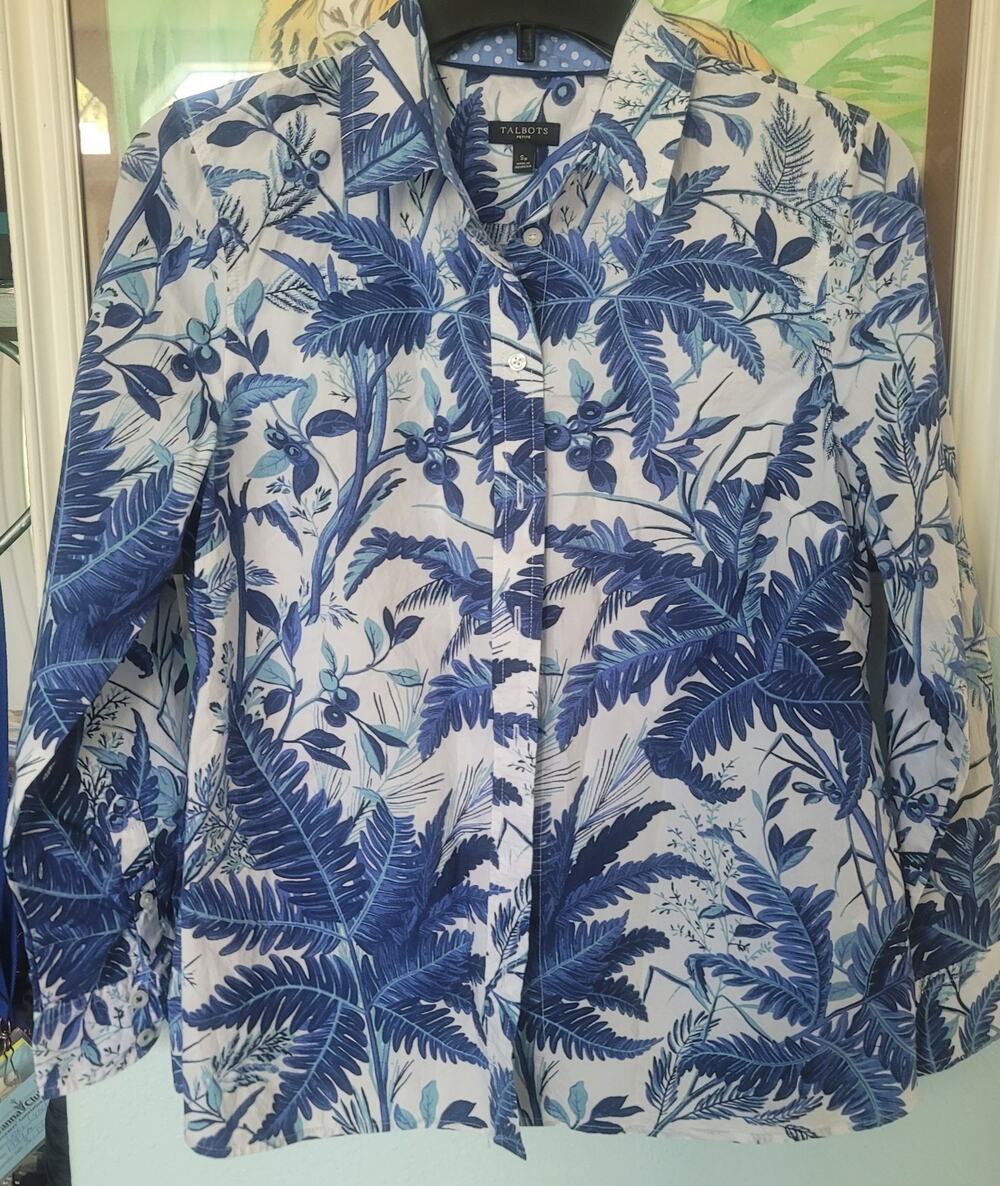 Talbots Blue Leaf Print Button Down Dress Shirt SP Blouse Preppy Career